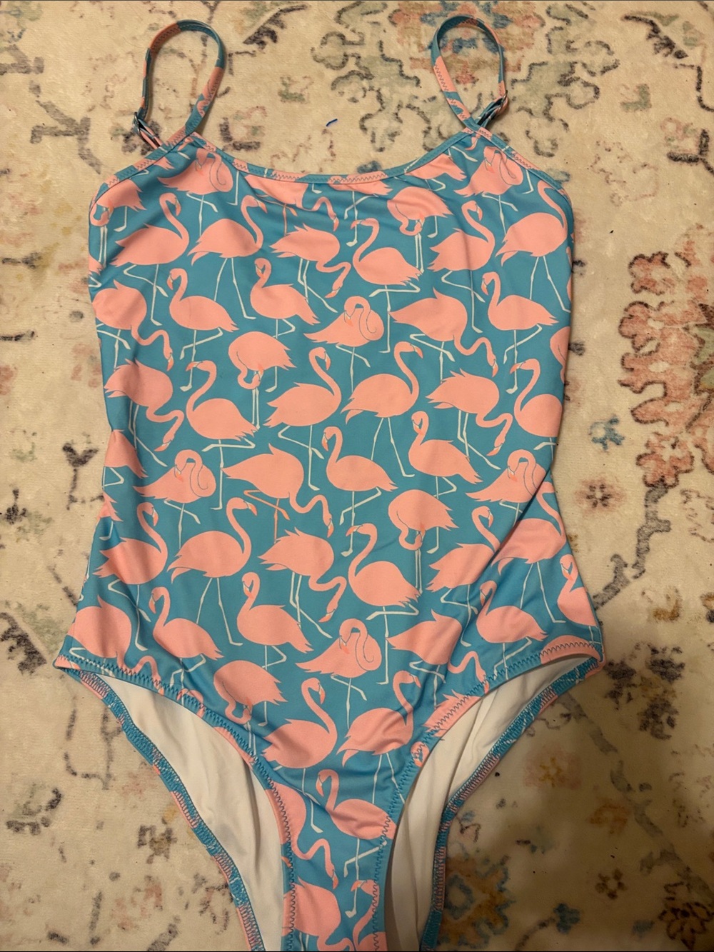 chubbies Blue One-Piece Swimsuit with Pink Flamingo Print. Small! Like new!
